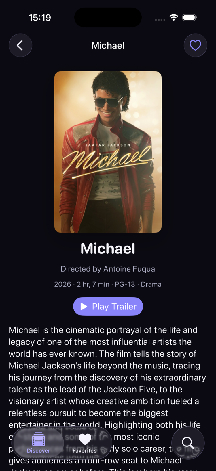Movie detail screen, dark mode
